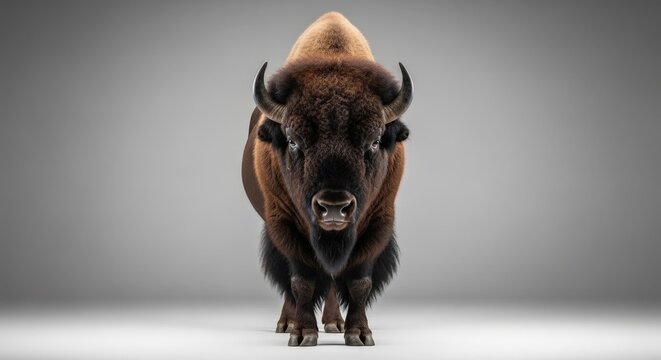 A majestic bison stands facing the camera with a mix of curiosity and aggression in a studio setting