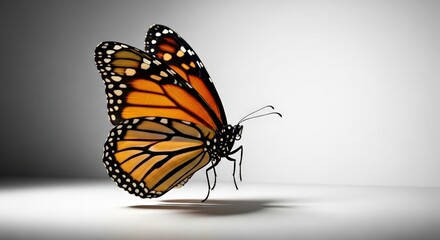 Obraz premium A monarch butterfly with orange wings and black stripes is flying, viewed from the side, with a white background