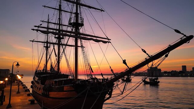 A historic wooden tall ship is docked at a harbor at sunset.