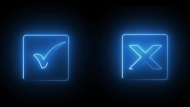Blue neon check and cross icons glowing inside square frames on a dark background, showing approval or rejection. Perfect for apps, UI feedback, and tech videos in 4K.