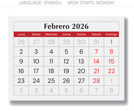 February 2026 Spanish calendar (Febrero). Paper page monthly vector illustration Spain
