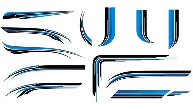 Blue and black racing swoosh stripe shapes for vehicle graphics set
