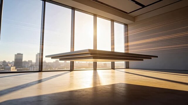 Modern minimalist office interior with a floating white table and city view