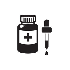 Fototapeta premium Black and white medical bottle with cross and dropper medicine