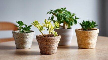 Fototapeta premium Eco-friendly plant pots made from natural materials, featuring small potted plants in urban home setting 