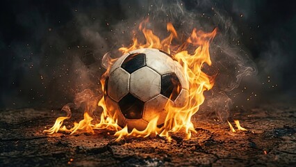 Fototapeta premium Fiery Football Intensity: A dynamic composition capturing the raw power and passion of the sport, as a football erupts in flames against a gritty, textured backdrop.