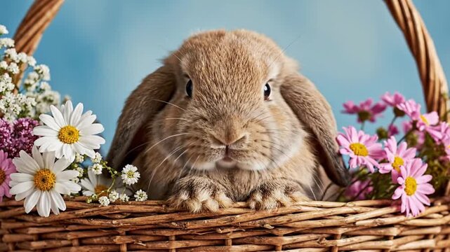 A rabbit in a wicker basket surrounded by flowers set against a blue backdrop