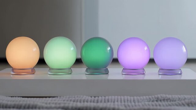 Colorful sequence of changing mood lights on a modern shelf