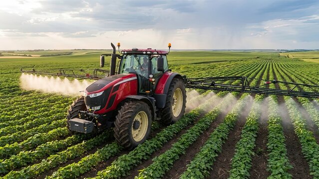 Agricultural Harmony: An aerial view showcases a tractor meticulously spraying rows of crops, symbolizing modern agricultural practices, productivity, and sustainable farming methods. 