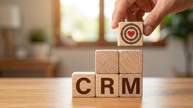 CRM and Target Concept: A hand carefully places a block with a heart-shaped target atop a CRM stack, symbolizing customer relationship management and its focus on customer centricity and engagement.
