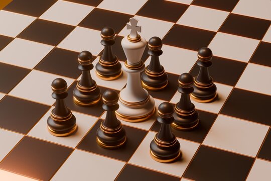 White King Under Siege by Black Pawns 3d Rendered Image