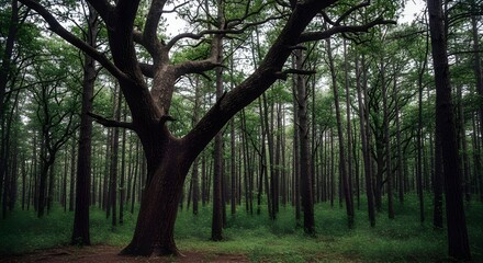 Naklejka premium A large, twisted ancient tree dominates the foreground of a misty forest filled with tall slender trees and lush green undergrowth, creating a serene natural landscape.