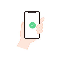 手に持ったスマホに表示されたチェックマークの完了アイコン 