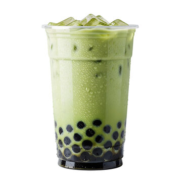 Matcha bubble tea in a clear plastic cup isolated on transparent background