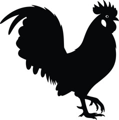 Detailed silhouette of a proud rooster standing on one leg, featuring sharp tail feathers for farm, morning, and poultry concepts, © Lija