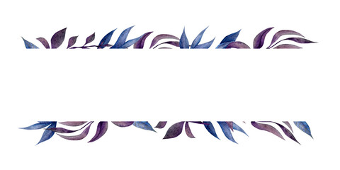 Obraz premium Decorative botanical border with watercolor leaves in shades of purple and blue creating a natural frame on a white background