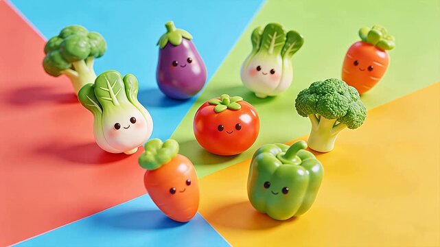 Group of cute cartoon vegetables with happy faces on color background