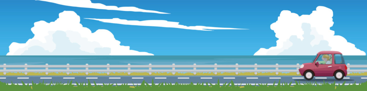 Landscape of small red car with couple driving along a beautiful coastal asphalt Road. With blue sea and white clouds background. Summer travel and road trip concept flat vector illustration.