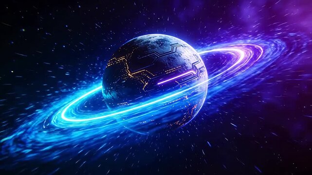 Futuristic planet with glowing circuit patterns and rotating energy rings in space