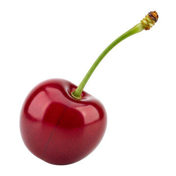A ripe red cherry isolated on transparent background with green stem