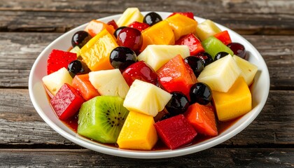 A vibrant and colorful fruit salad served in a white bowl on a rustic wooden table, featuring a mix of fresh pineapple, watermelon, kiwi, mango, and berries.