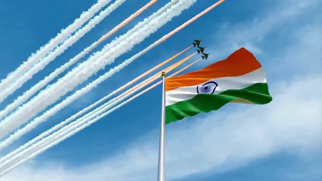 Indian National Flag with Fighter Jets Flypast
