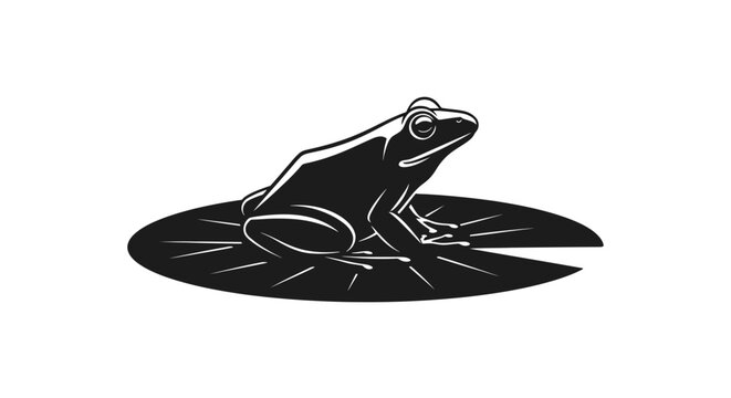 Stylized black and white illustration of a frog sitting on a lily pad, showcasing a minimalist and elegant design.