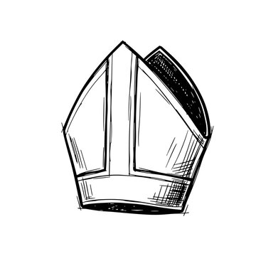 Sketch of traditional bishop hat with intricate lines, isolated on a clean white background, highlighting religious symbolism and elegant design