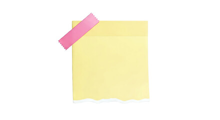 Yellow sticky note with pink tape on a white background