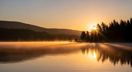 Obraz premium Serene Golden Sunrise Over Misty Lake – Peaceful Morning Landscape