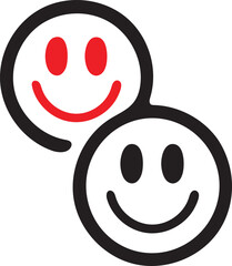 Two overlapping circular faces one red and one black both are smiling
