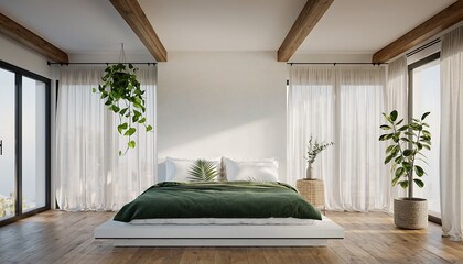 Minimalist bedroom with a white bed and green linen, featuring large windows and hanging plants.