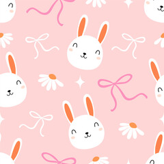 Obraz premium Cute seamless pattern with white bunny faces, pink ribbons, and daisies on a soft pink background. Adorable nursery wallpaper in a flat hand-drawn style, perfect for baby girl bedding and apparel.