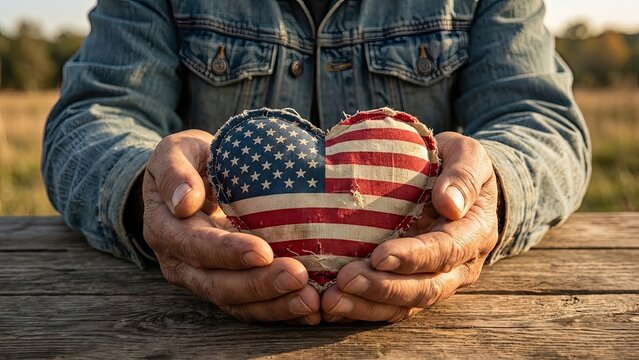 Patriotic Heart Held with Care: Hands of a farmer cradling a heart-shaped cushion adorned with the American flag, symbolizing love and dedication to the nation, set against a rustic outdoor backdrop.