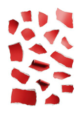 Scattered torn red paper fragments with curled edges on white background