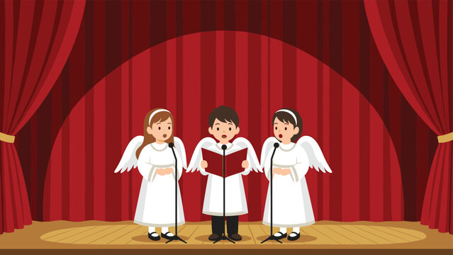 Three young children dressed as angels with white wings and robes singing from a book on a stage with red curtains.