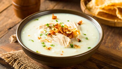 A close-up shot of a delicious bowl of creamy chicken congee, garnished with crispy fried shallots and fresh green onions, served on a rustic wooden board.