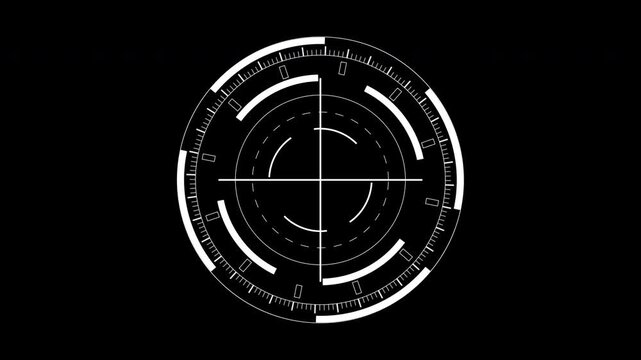 HUD circle target over black background, suitable for aiming, precision, focus, sniper, target audience, shooting, strategic, accuracy concepts.