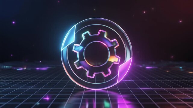 A glowing neon gear icon with a colorful gradient of pink, purple, and orange, set against a dark background with a grid pattern and scattered light particles