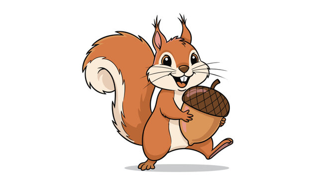 Happy cartoon squirrel character holding a large brown acorn and walking against a white background in a cute illustration for children books.