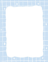 Cute blank empty watercolor hand drawn blue pastel checkered grid photo border frame with white striped space for text crayon doodle kids watercolor illustration png clipart cutout sticker