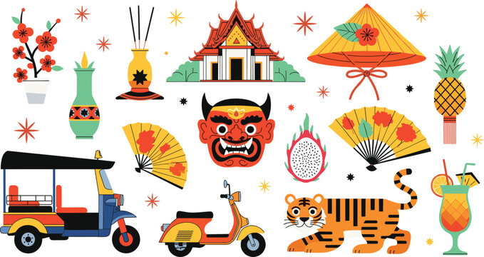Southeast Asian Thai culture icons with tuk tuk temple tiger and dragon fruit flat vector illustration, cad drawing flat vector illustration