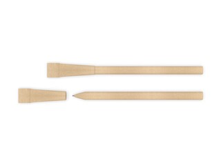 Obraz premium Eco-friendly kraft paper ballpoint pen isolated on white background. Sustainable and biodegradable stationery product made from recyclable cardboard material. 3d illustration.