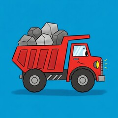 Fototapeta premium Cartoon Red Dump Truck Carrying Rocks.