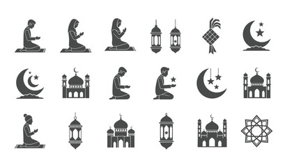 Fototapeta premium Black Silhouette Set Of Islamic Prayer Mosque Lanterns And Crescent Moon Symbols