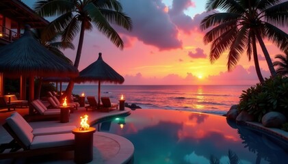 Fototapeta premium Panoramic sunset view, fiery tiki torches at luxury resort , view, banner