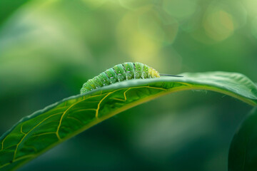 Fototapeta premium A close-up of a green caterpillar resting on the edge of a vibrant green leaf with a blurred natural background.