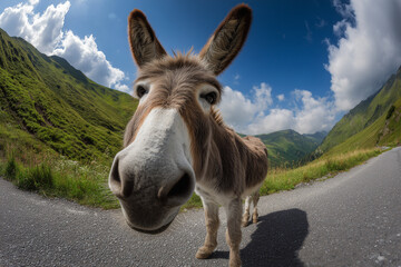 donkey in the mountains close up face