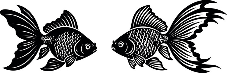 Fototapeta premium Two Stylized Black and White Goldfish Silhouette Vector Illustration for Tattoo Logo or Decorative Design Element