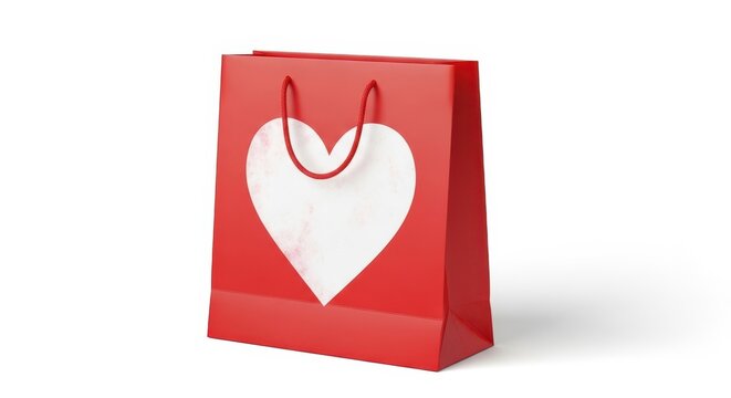Bolsa de regalo roja con coraz&oacute;n blanco, empaque festivo para compras y ocasiones especiales, dise&ntilde;o minimalista de bolsa de papel para regalos, amor y celebraci&oacute;n